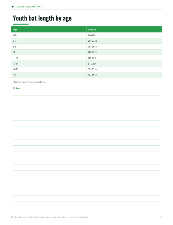 Preview of Printable Youth Bat Size Chart by Age