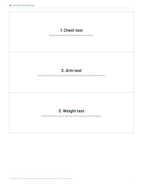 Preview of Printable Youth Bat Fit Test Cards