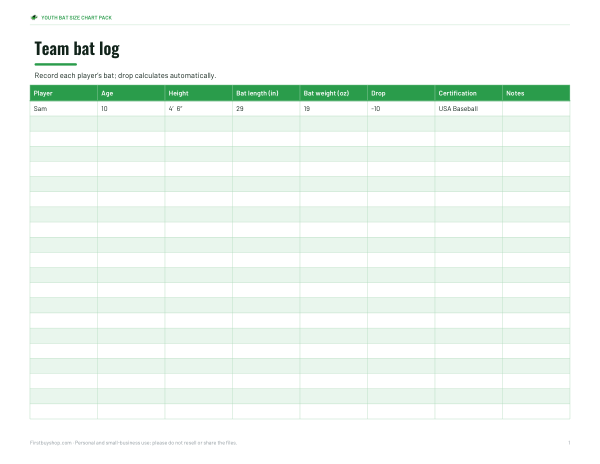 Preview of Printable Team Bat Log